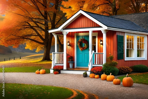 Cute and cozy cottage with fall decorations, pumpkins on the front porch and a wreath