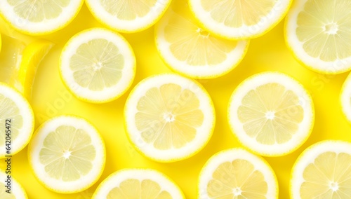 Lemon Slices on Yellow Background. Top View of Sour Lemon Slices.