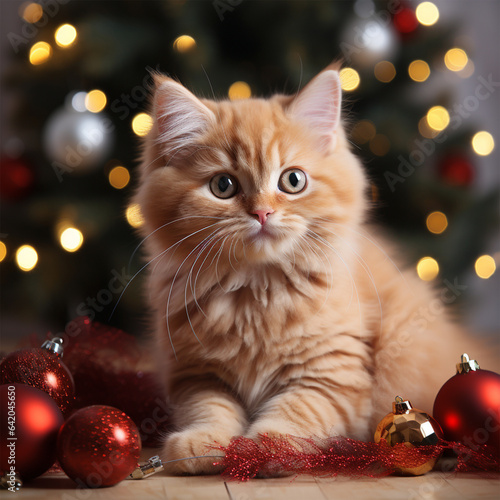 Cute red cat with Christmas tree and decorations on white background, ai technology