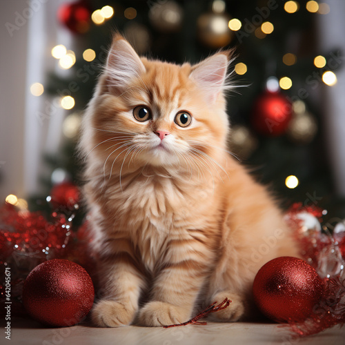 Cute red cat with Christmas tree and decorations on white background, ai technology