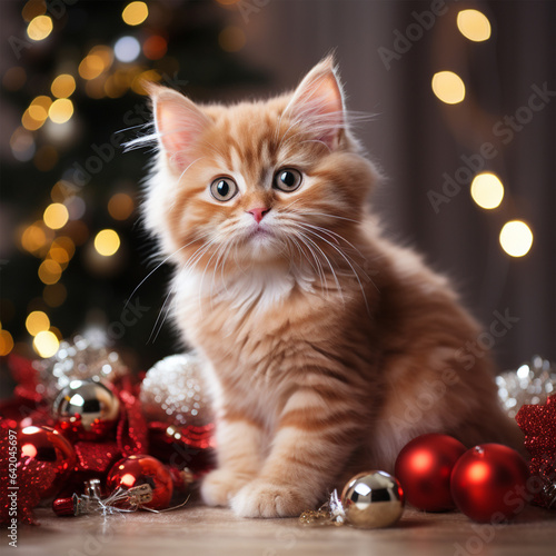 Cute red cat with Christmas tree and decorations on white background, ai technology
