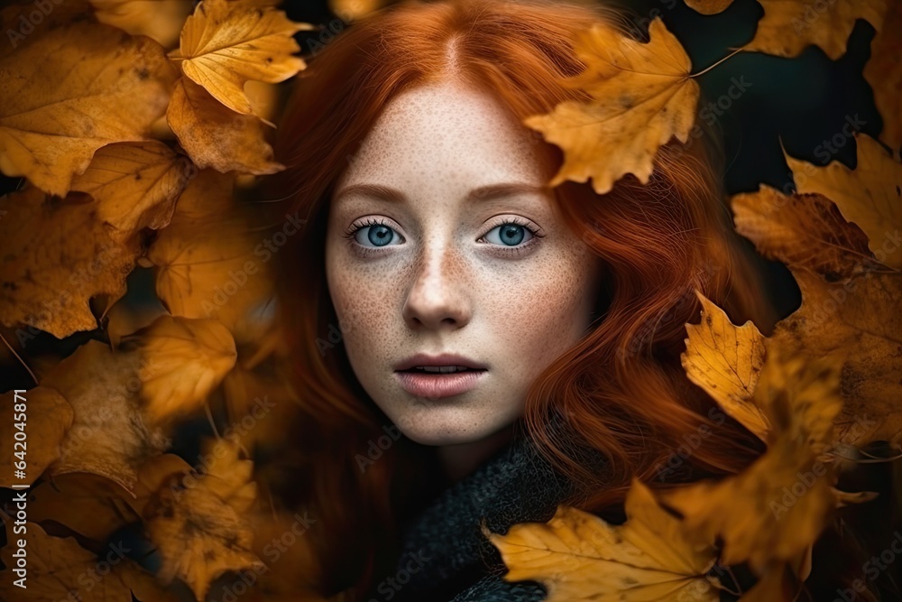 Portrait of beautiful girl with freckles and red hair, among autumn leaves. Portrait of beautiful girl with freckles and red hair, among autumn leaves.