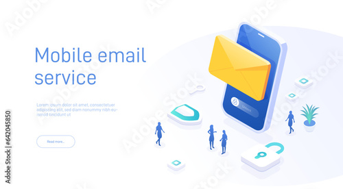 Email service concept. Electronic mail message as part of business marketing. Webmail or mobile service layout for website landing header. Newsletter sending background. Isometric vector illustration.