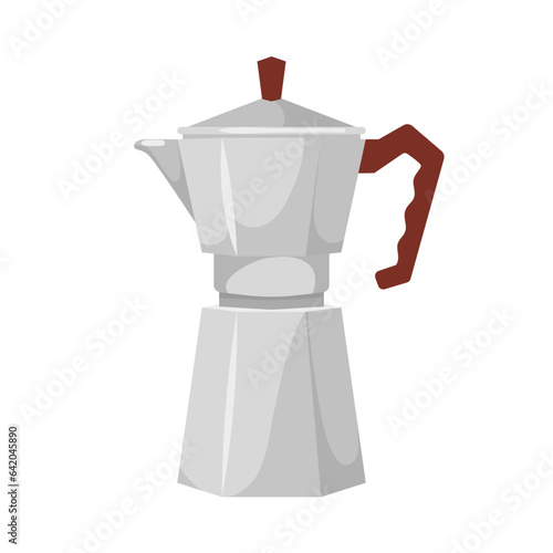 Geyser coffee maker vector illustration. Cartoon isolated metal vintage pot with lid and handle for brewing hot espresso from water and ground coffee, retro Italian equipment for breakfast drink