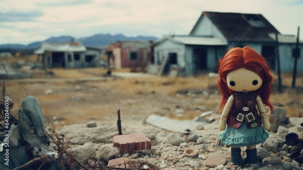 Forgotten wild west red hair cowgirl toy doll, left behind to live in a ghost town, dry desert ruins, scorching hot, buildings in state of decay - generative AI art - obrazy, fototapety, plakaty 