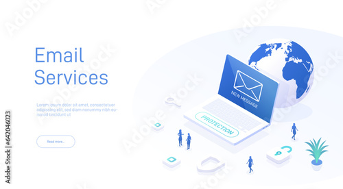 Email service concept. Electronic mail message as business marketing. Newsletter sending mobile service layout or webmail. Web banner template. Email isometric vector illustration.