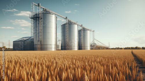 A modern granary-elevator for storing grain, agricultural products, flour, cereals in a field with ripe wheat. Harvest time and storage.