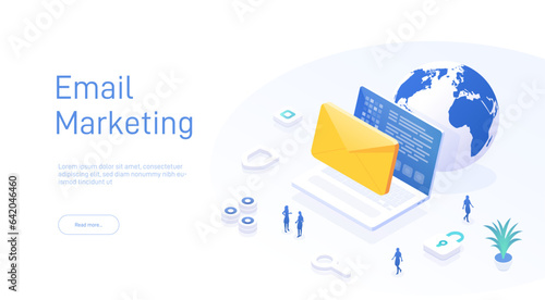 Email service concept. Electronic mail message as business marketing. Newsletter sending mobile service layout or webmail. Web banner template. Email isometric vector illustration.