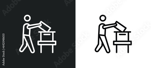 man holding the vote paper on the box icon isolated in white and black colors. man holding the vote paper on box outline vector icon from political collection for web, mobile apps and ui.