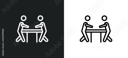 people playing air hockey icon isolated in white and black colors. people playing air hockey outline vector icon from recreational games collection for web, mobile apps and ui.