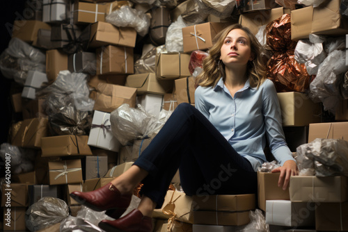 Generative AI - The Arrogance of Consumerism: A Rich Snob atop the Mountain of Shipping Boxes photo