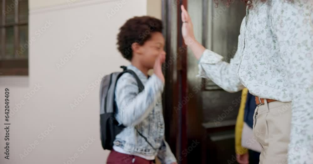 School, high five and children greeting teacher for education and learning for development or celebration. Motivation, support and happy kids excited for achievement on assessment at classroom School, high five and children greeting teacher for education and learning for development or celebration. Motivation, support and happy kids excited for achievement on assessment at classroom