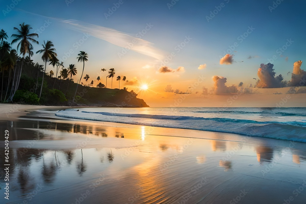 Tropical beach scene during twilight.