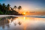 Tropical beach scene during twilight.