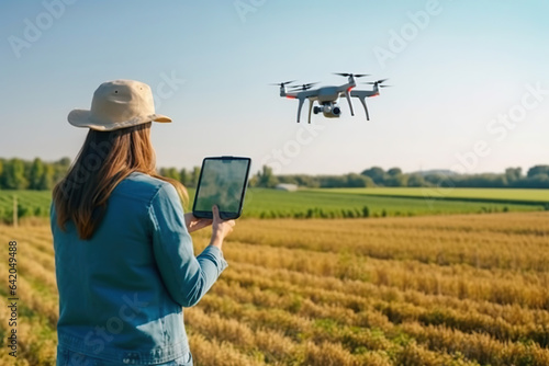 A woman standing in a green field drone flying over field