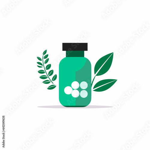 Wellness brand filled green logo. Vaccine production. Plant based. Bottle with leaves. Design element. Created with artificial intelligence. Ai art for corporate branding, natural pharmacy