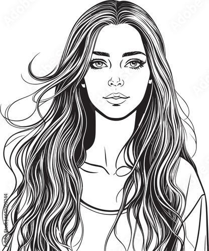 Vector drawing of a girl with beautiful long hair. The illustration is black and white.