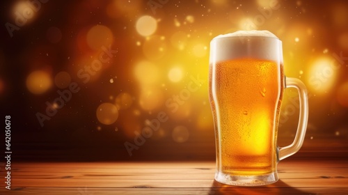 Cold and fresh beer mug on the wooden table on blurred background with free place for text