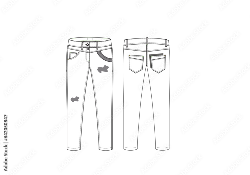Denim Bottom flat sketch vector, Technical Fashion Illustration, front and back Unisex CAD mock-up. Denim Bottom flat sketch vector, Technical Fashion Illustration, front and back Unisex CAD mock-up.