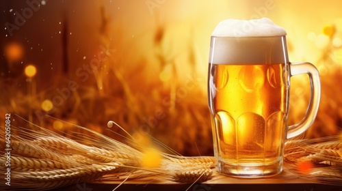 Cold and fresh beer mug on the wooden table with wheat on blurred background with free place for text