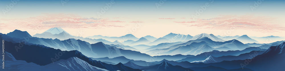 A Risograph Illustration of a Dramatic Aerial View of Layered Mountain Ranges