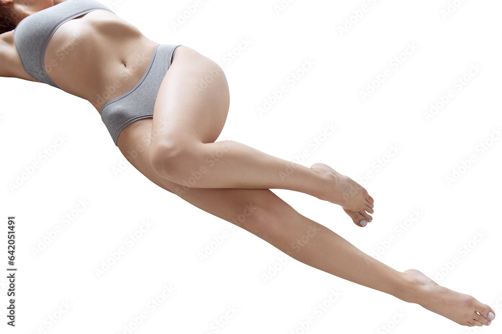 Cropped image of slender, smooth legs. Female model posing in underwear against transparent background. Depilation, epilation - obrazy, fototapety, plakaty 