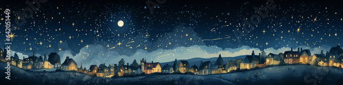 A Risograph Illustration of a Fairy Tale Village Under Grainy Starlight