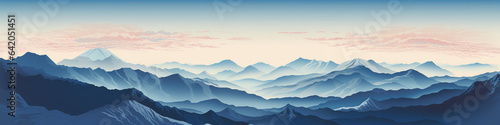 A Risograph Illustration of a Dramatic Aerial View of Layered Mountain Ranges