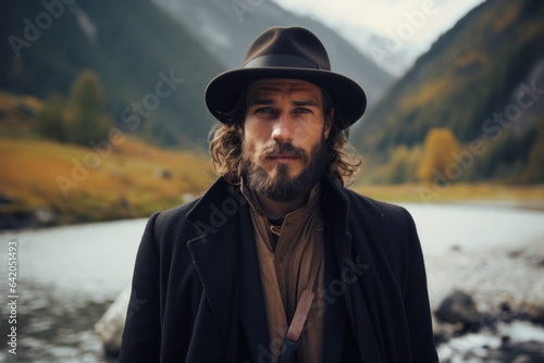A man wearing a fashionable fedora hat and warm coat stands atop a mountain overlooking a beautiful autumnal landscape, with a river and lake providing a stunning backdrop
