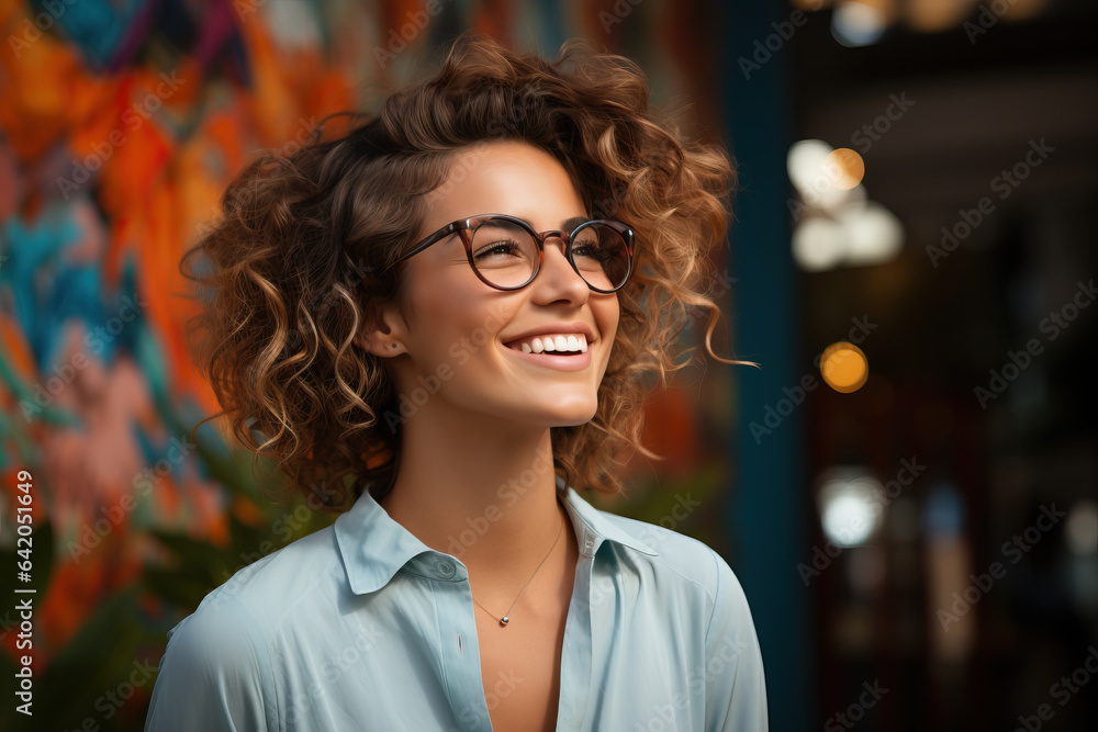 Happy and Stylish: Satisfied Woman Wearing Trendy Glasses Outdoors Happy and Stylish: Satisfied Woman Wearing Trendy Glasses Outdoors