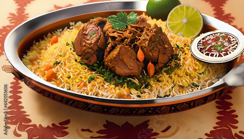 mutton biryani, traditional Pakistani and Indian mutton rice dish, food, meat, meal, dinner, plate, lunch, delicious, salad, cooked, tomato, healthy, pepper, bowl