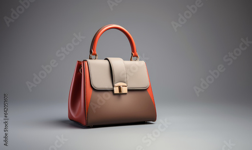 Beautiful trendy smooth youth women's handbag in tan and grey color on a gray studio background