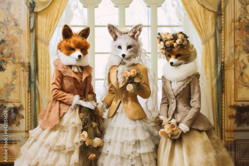 Family of foxes in royal outfits of the Victorian era. Fynny foxes. Foxes as Humans concept. Picture of Fox Aristocrats photo