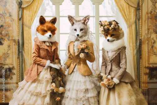 Family of foxes in royal outfits of the Victorian era. Fynny foxes. Foxes as Humans concept. Picture of Fox Aristocrats