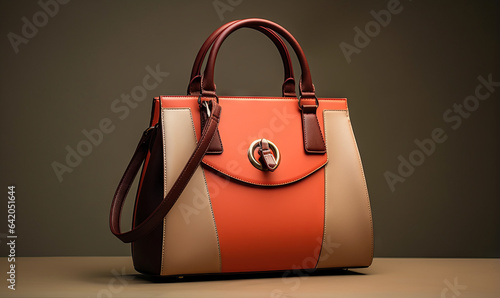 Beautiful trendy smooth youth women's handbag in tan and grey color on a studio background