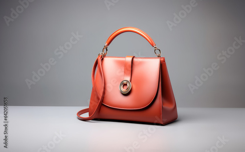 Beautiful trendy smooth youth women's handbag in bright terracotta color on a gray studio background