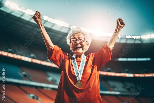 woman winning champion medal in stadium for sport victory