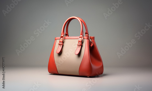 Beautiful trendy smooth youth women's handbag in tan and grey color on a gray studio background