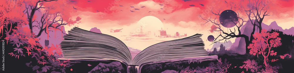 A Risograph Illustration of Oversized Books Revealing Fantasy Realms