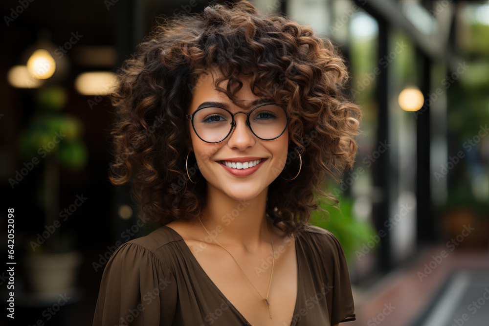 Happy and Stylish: Satisfied Woman Wearing Trendy Glasses Outdoors