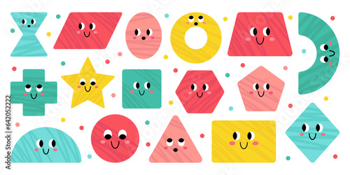 Vector cute geometric figures with face. Trendy geometric shape characters. Colorful illustration for school and kindergarten. Cute funny smiling shape characters for kids and children design.