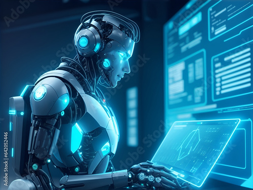 Man using technology smart robot AI, artificial intelligence by enter command prompt for generates something, Futuristic technology transformation. AI Generated