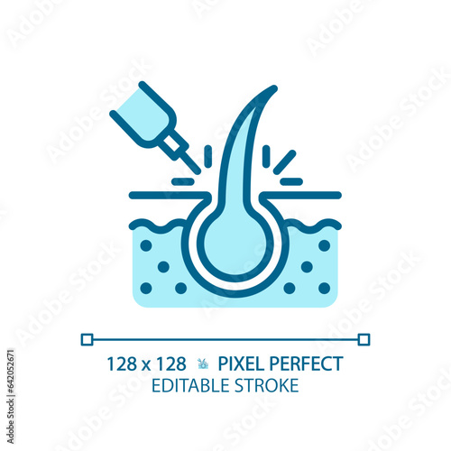2D pixel perfect editable laser hair treatment blue icon, isolated vector, haircare thin line simple monochromatic illustration.
