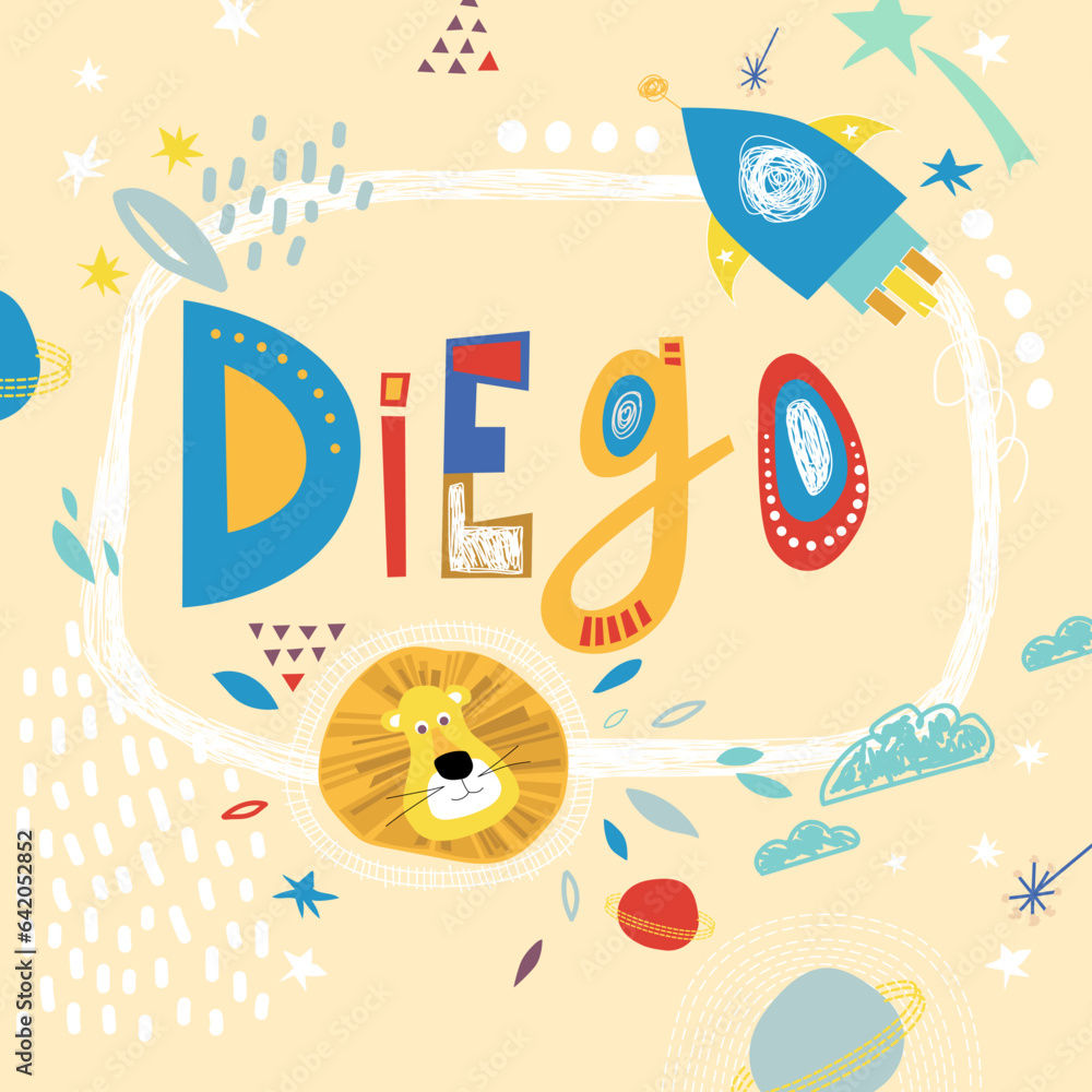 Bright card with beautiful name Diego in planets, lion and simple forms. Awesome male name design in bright colors. Tremendous vector background for fabulous designs