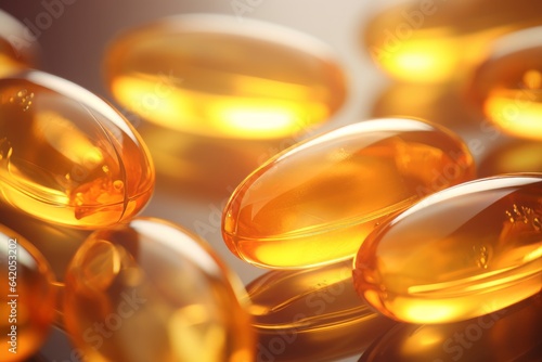 Vitamin E or yellow fish oil or Omega 3-6-9 capsules, super close up macro view.generative ai 