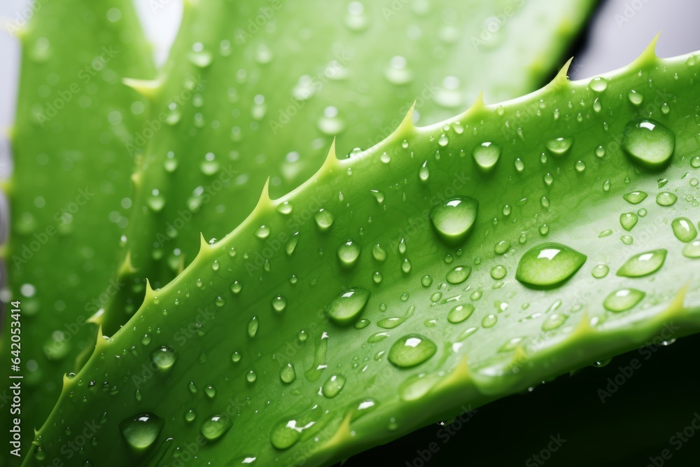 Green Aloe with water drops, macro view.generative ai

