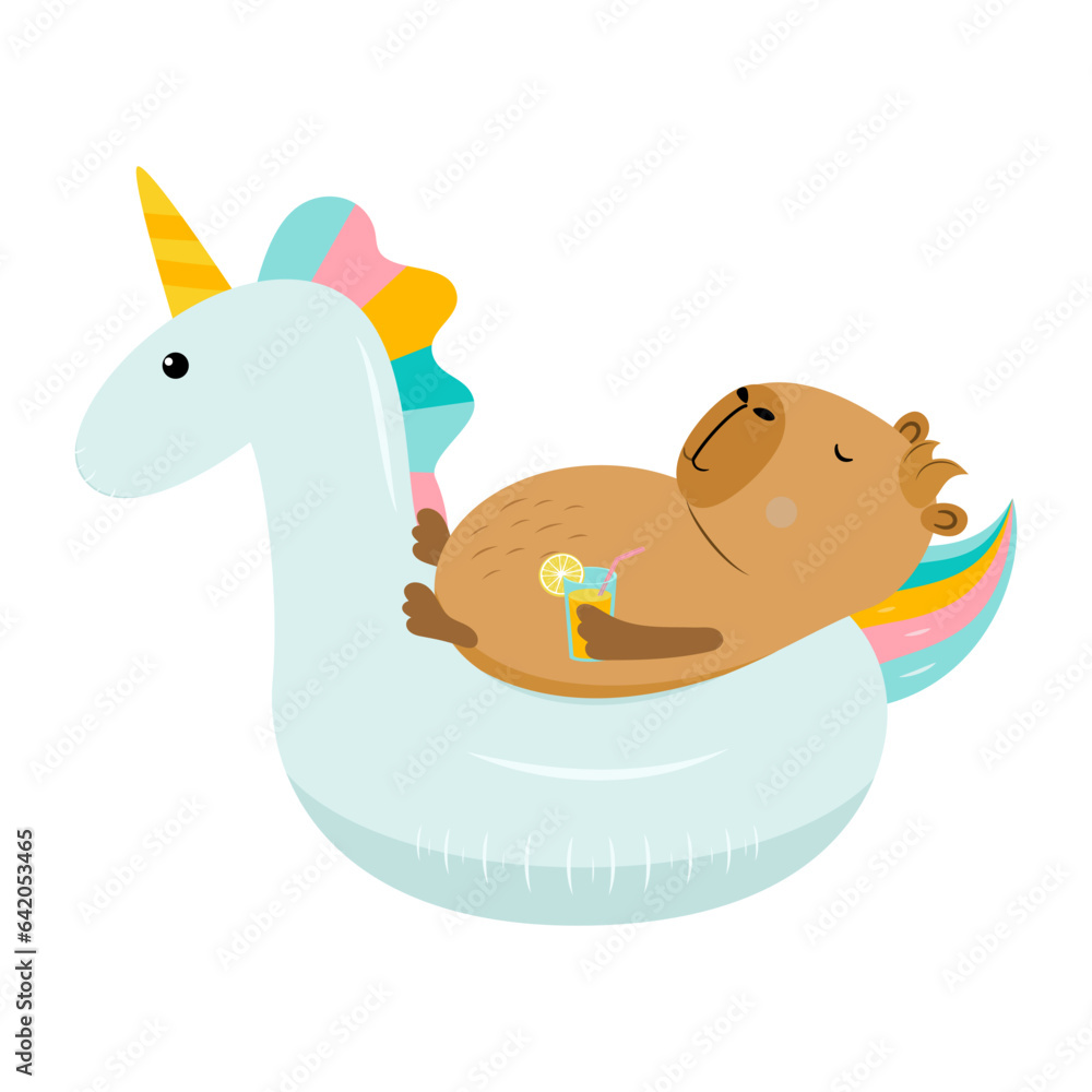 Funny capybara with a glass of juice in inflatable unicorn circle Funny capybara with a glass of juice in inflatable unicorn circle