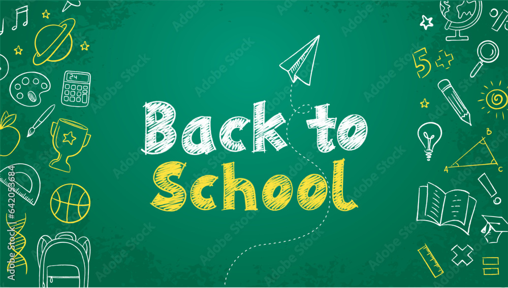 Naklejka premium Back to school text drawing in blackboard with school elements. Vector illustration