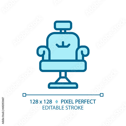 2D pixel perfect editable salon chair blue icon, isolated vector, haircare thin line simple monochromatic illustration.
