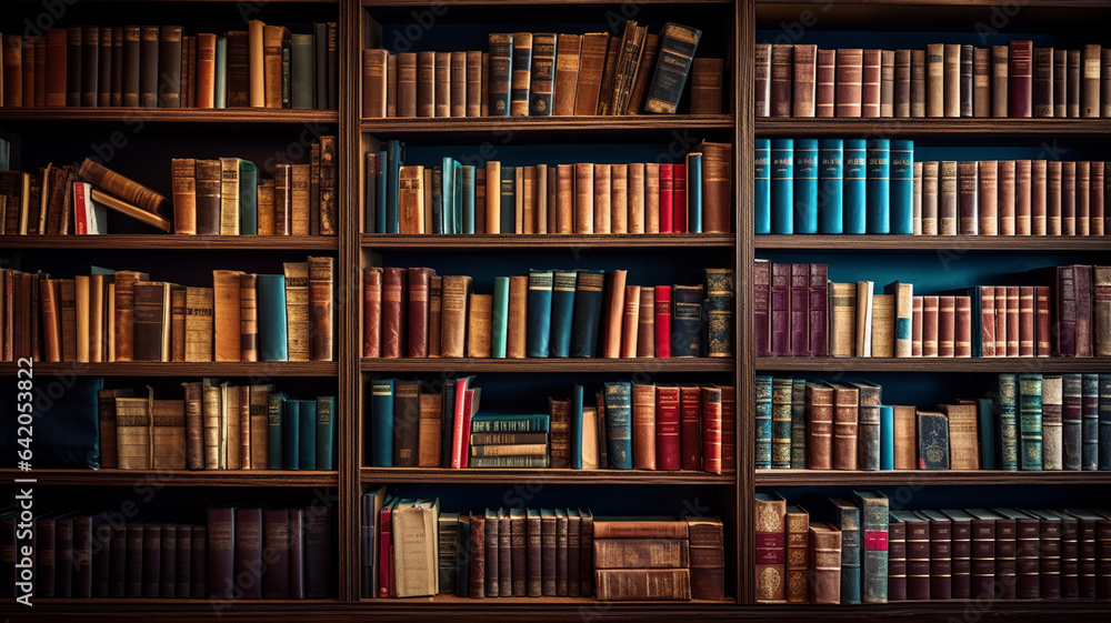 many different books on wooden shelves in library. many different books on wooden shelves in library.